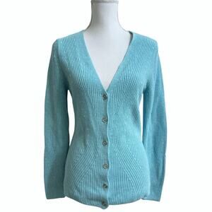 Donnell Womens Sweater Cardigan Knit Sz 36 US 6 Blue Button Down V neck Cotton